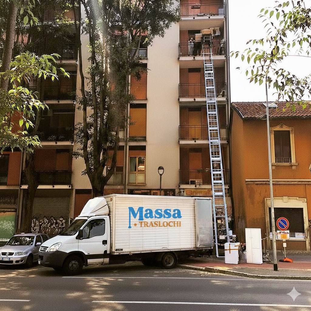 Camion Massa Traslochi e scala aerea in funzione presso un edificio